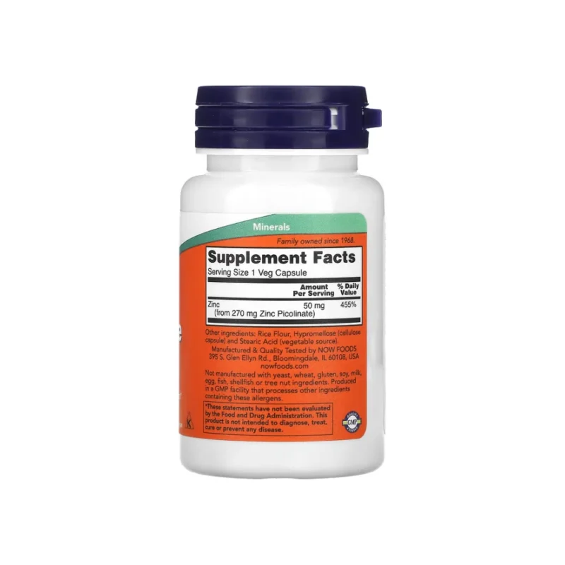 NOW Foods Zinc Picolinate 50 mg - 60 Capsules - Image 2